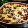 Creamy mushroom and ground beef bake dish ready to serve.