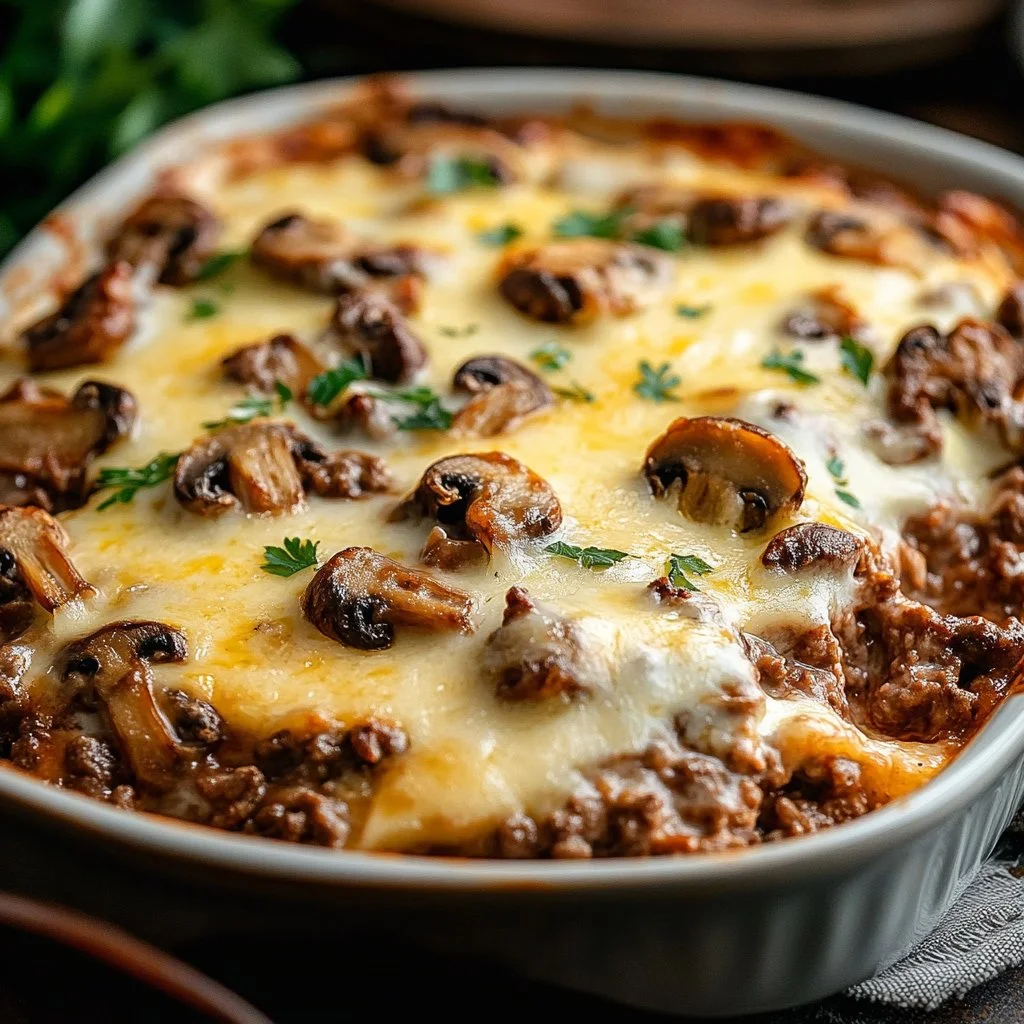 Creamy mushroom and ground beef bake dish ready to serve.