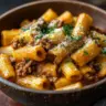 Creamy Parmesan Beef Rigatoni served with parsley garnish