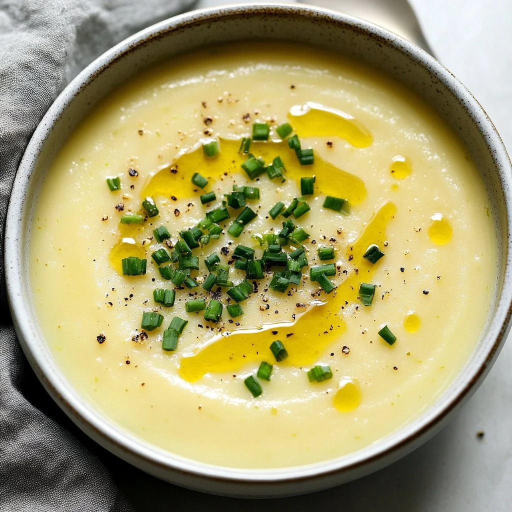 Bowl of creamy potato leek soup garnished with fresh herbs