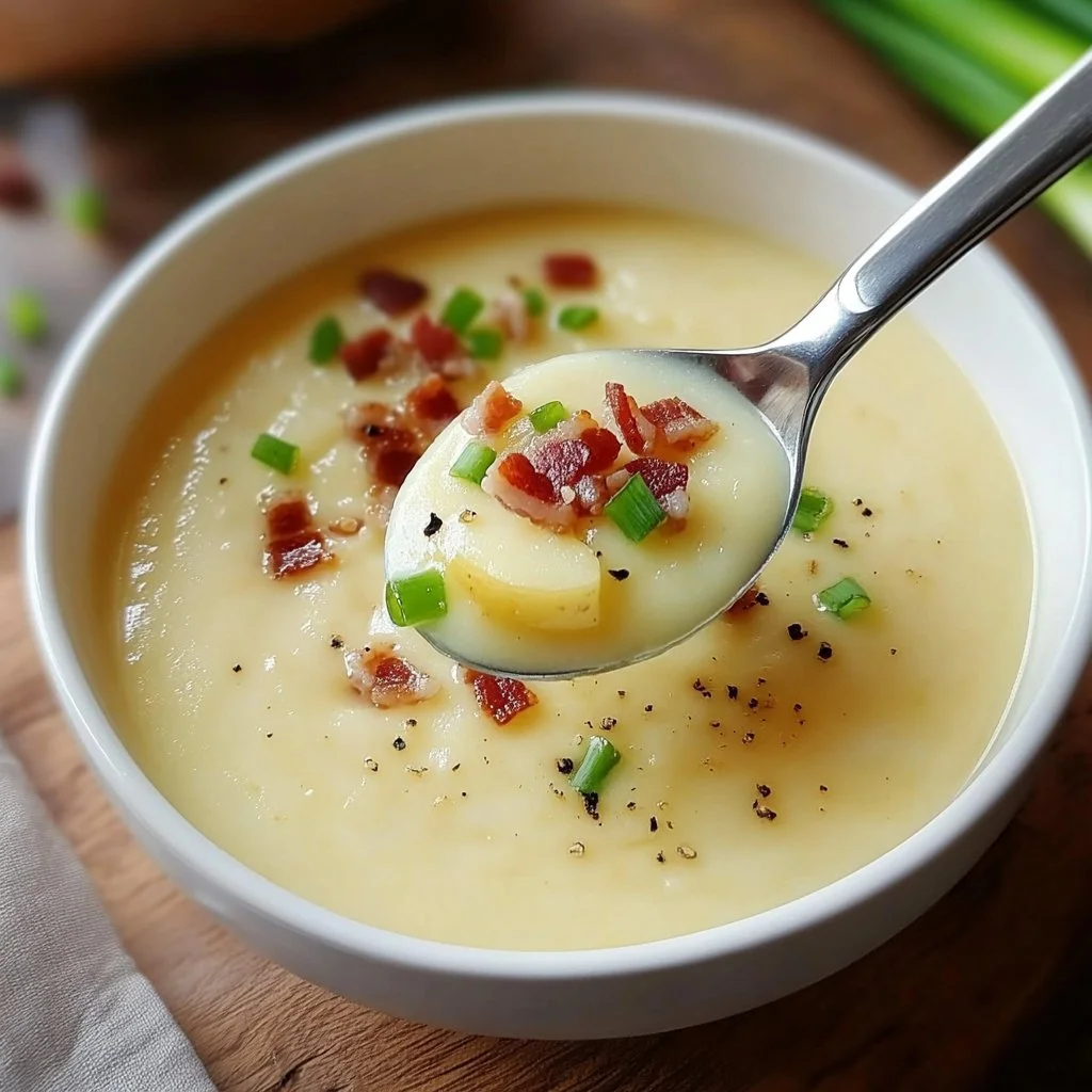 Bowl of creamy potato leek soup garnished with herbs and a slice of bread