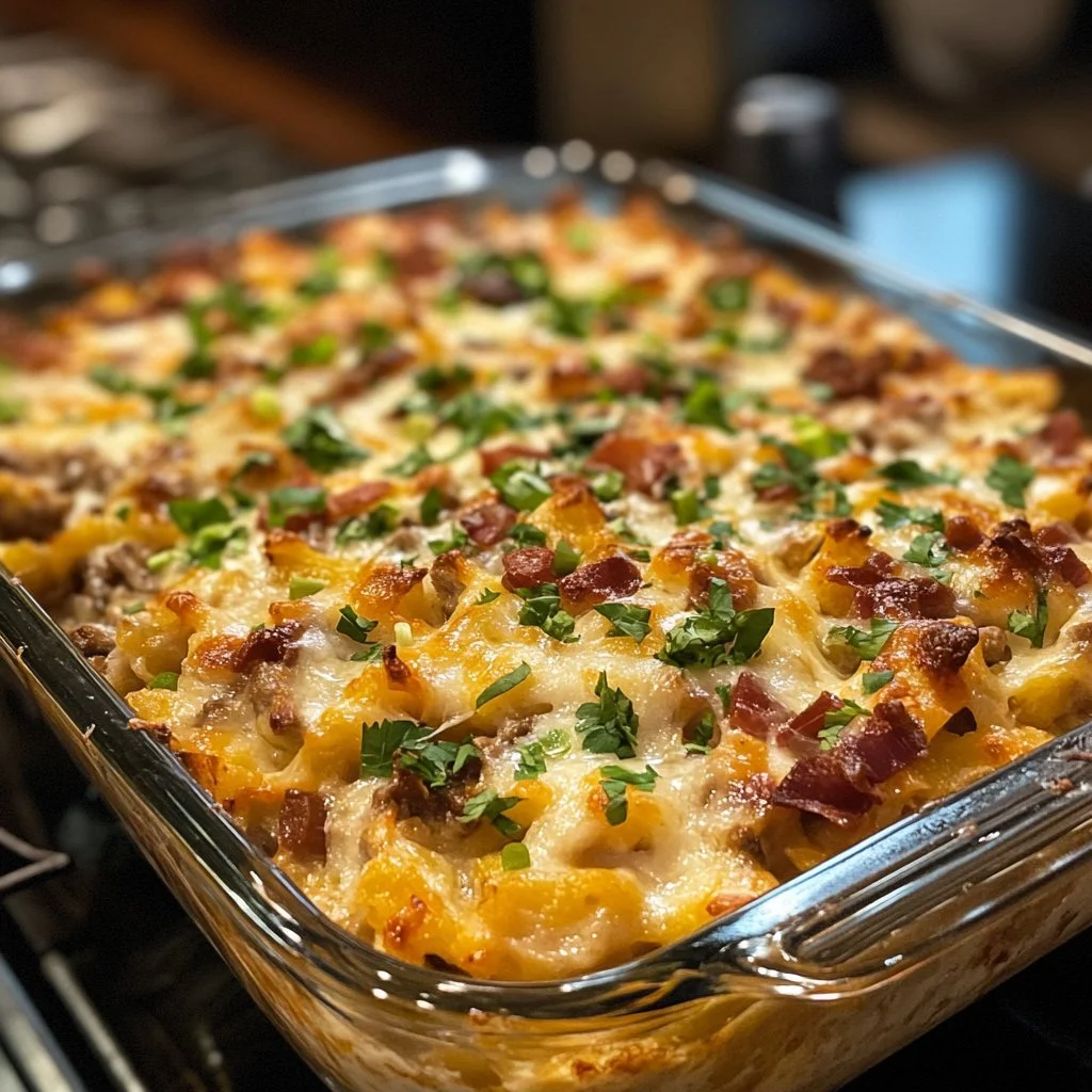 Creamy ranch cowboy casserole in a baking dish topped with cheese