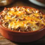 Creamy ranch cowboy casserole in a baking dish topped with cheese.