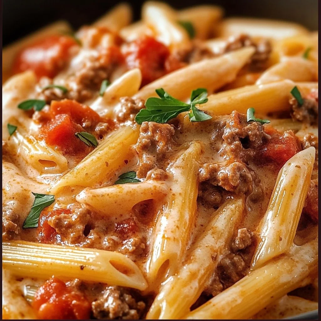 Creamy Rotel Pasta with Ground Beef served in a bowl, garnished with herbs.