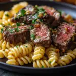 Creamy spicy garlic butter steak served with pasta dish