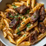 Creamy steak pasta with tender steak pieces and rich sauce