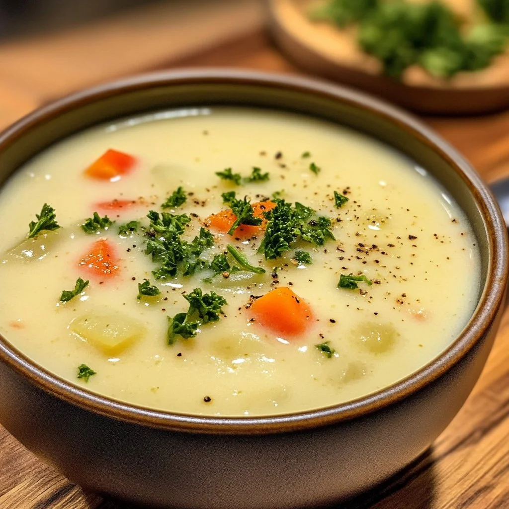 Creamy vegetable soup served in a bowl with fresh herbs and vegetables