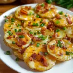Crispy cheesy bacon potato slices topped with melted cheese and crispy bacon bits.