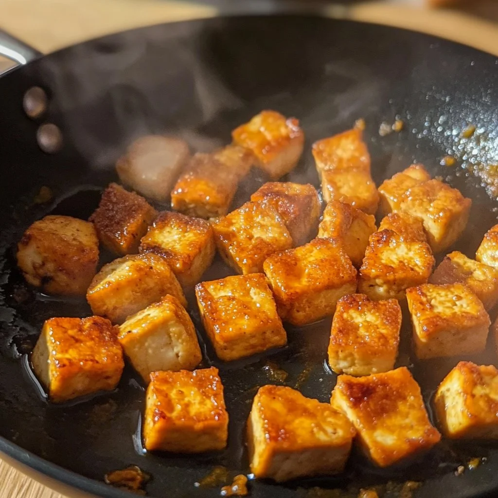Crispy golden tofu bites served with dipping sauce on a plate