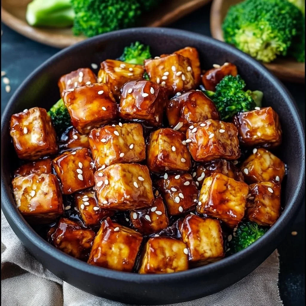 Crispy honey garlic tofu served on a plate with vegetables and sauce