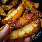 Crispy oven baked potato wedges on a plate, garnished with herbs.