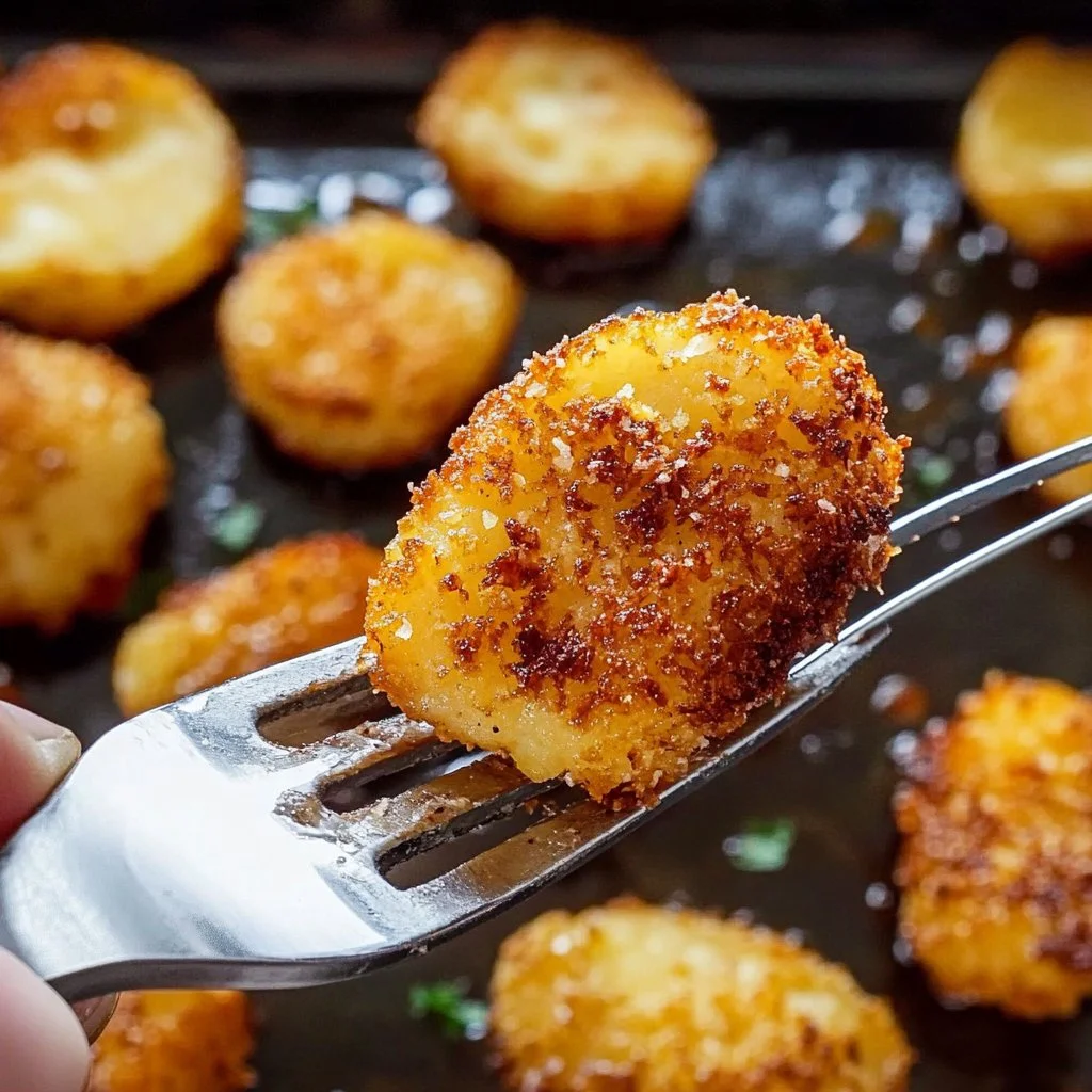Crispy Parmesan potatoes dish served on a plate with herbs