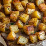 Crispy roasted potatoes served in a bowl, garnished with fresh herbs.
