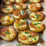 Plate of crispy smashed potatoes garnished with herbs