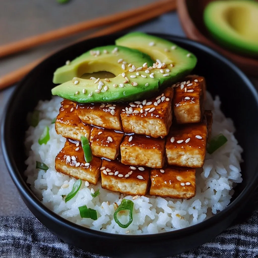 Crispy Teriyaki Tofu served on avocado rice stack garnished with fresh herbs.