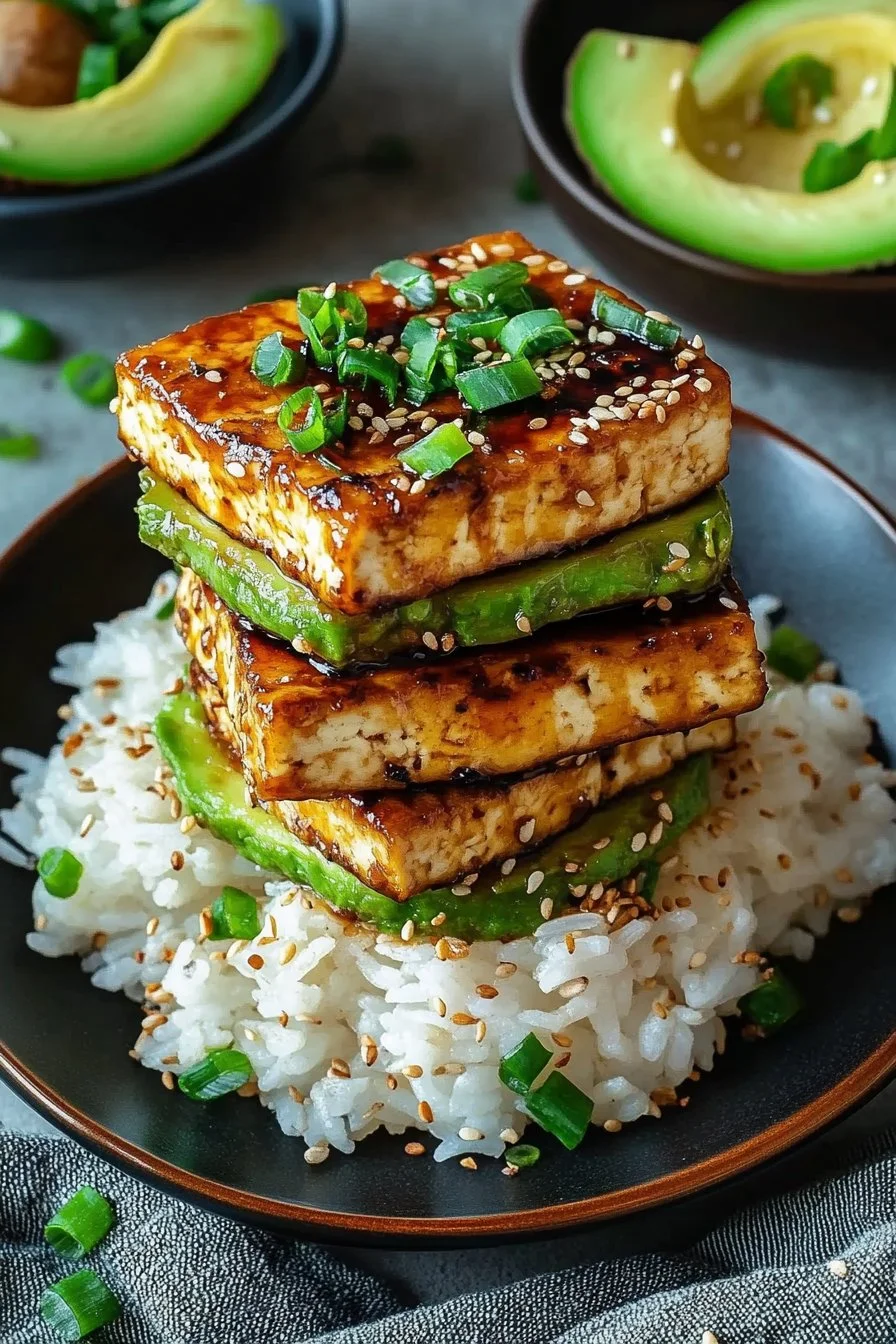 Crispy Teriyaki Tofu and Avocado Rice Stack