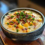 Crockpot Loaded Baked Potato Soup in a bowl garnished with green onions and cheese.