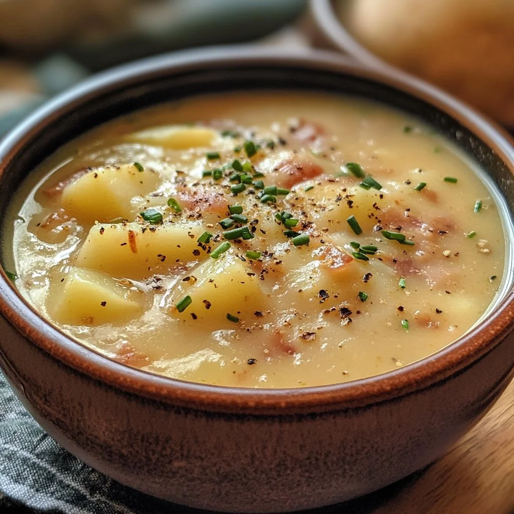 Creamy crockpot potato soup served in a bowl with toppings.