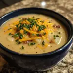 Bowl of creamy Crockpot Potato Soup with herbs and toppings