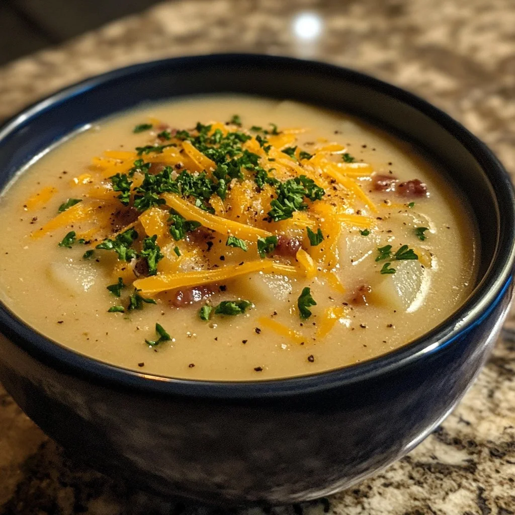 Bowl of creamy Crockpot Potato Soup with herbs and toppings