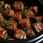 Delicious Crockpot steak bites served with vegetables in a bowl