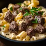 Creamy steak pasta served in a bowl with herbs and parmesan cheese