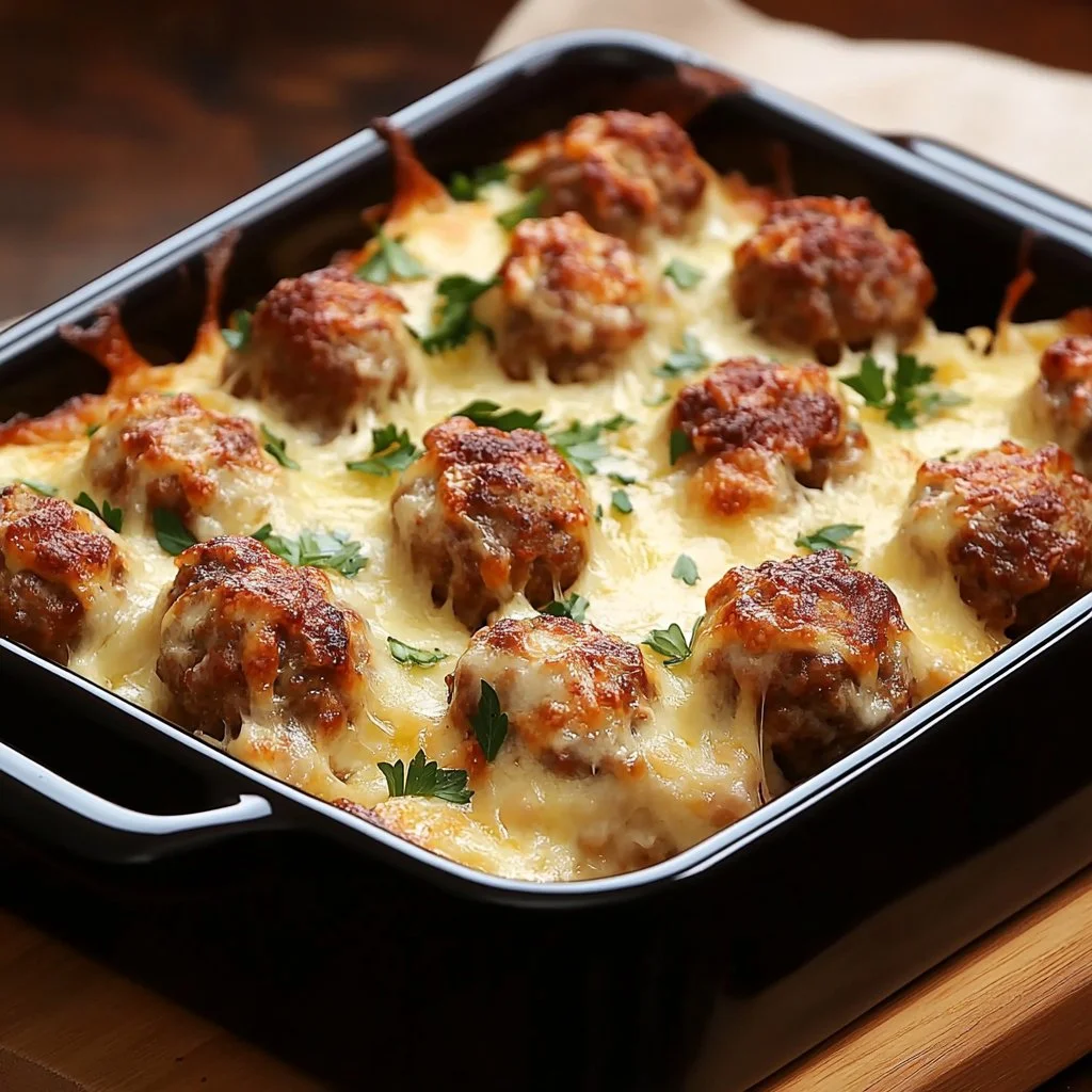 Delicious dump-and-bake meatball casserole ready to be served.