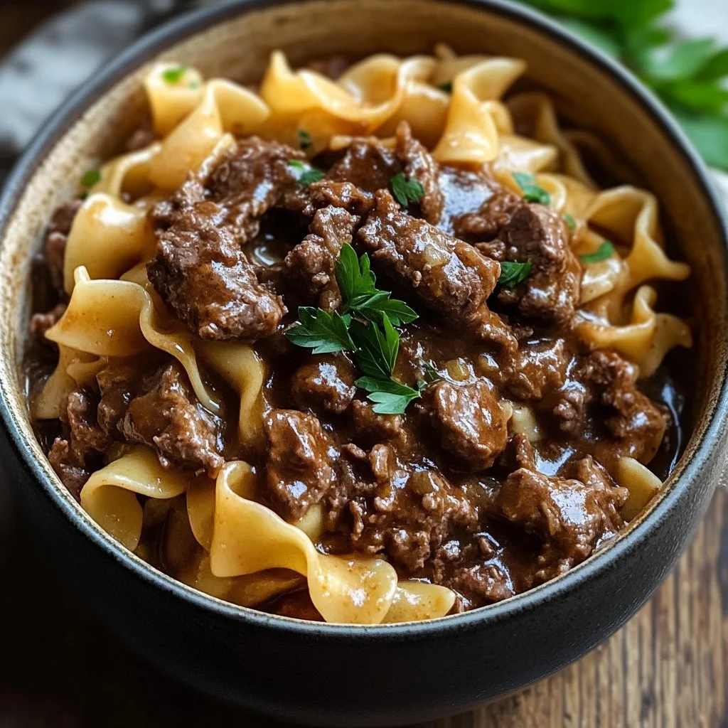 Bowl of easy beef and noodles dish garnished with herbs