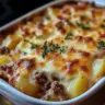 Delicious cheesy hamburger potato casserole topped with melted cheese