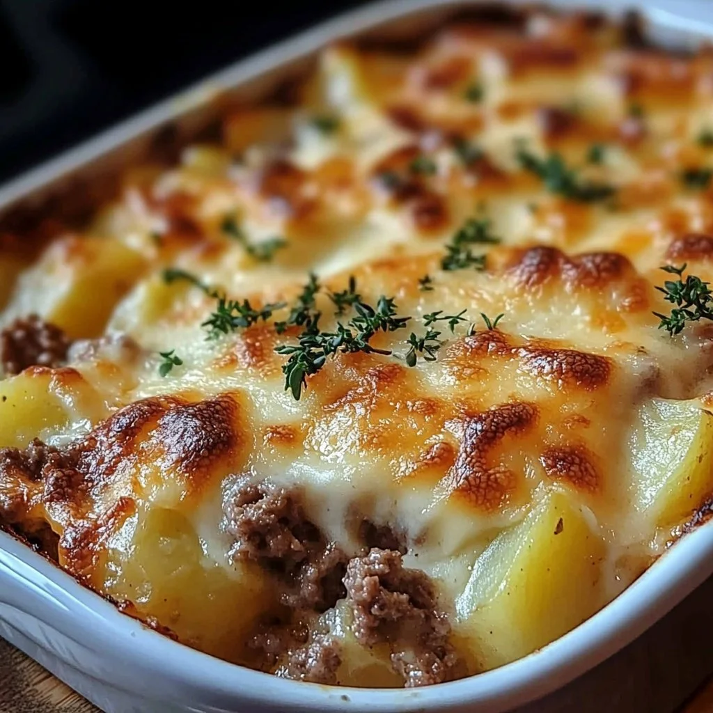 Delicious cheesy hamburger potato casserole topped with melted cheese