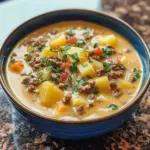 Bowl of easy cheesy hamburger potato soup garnished with herbs