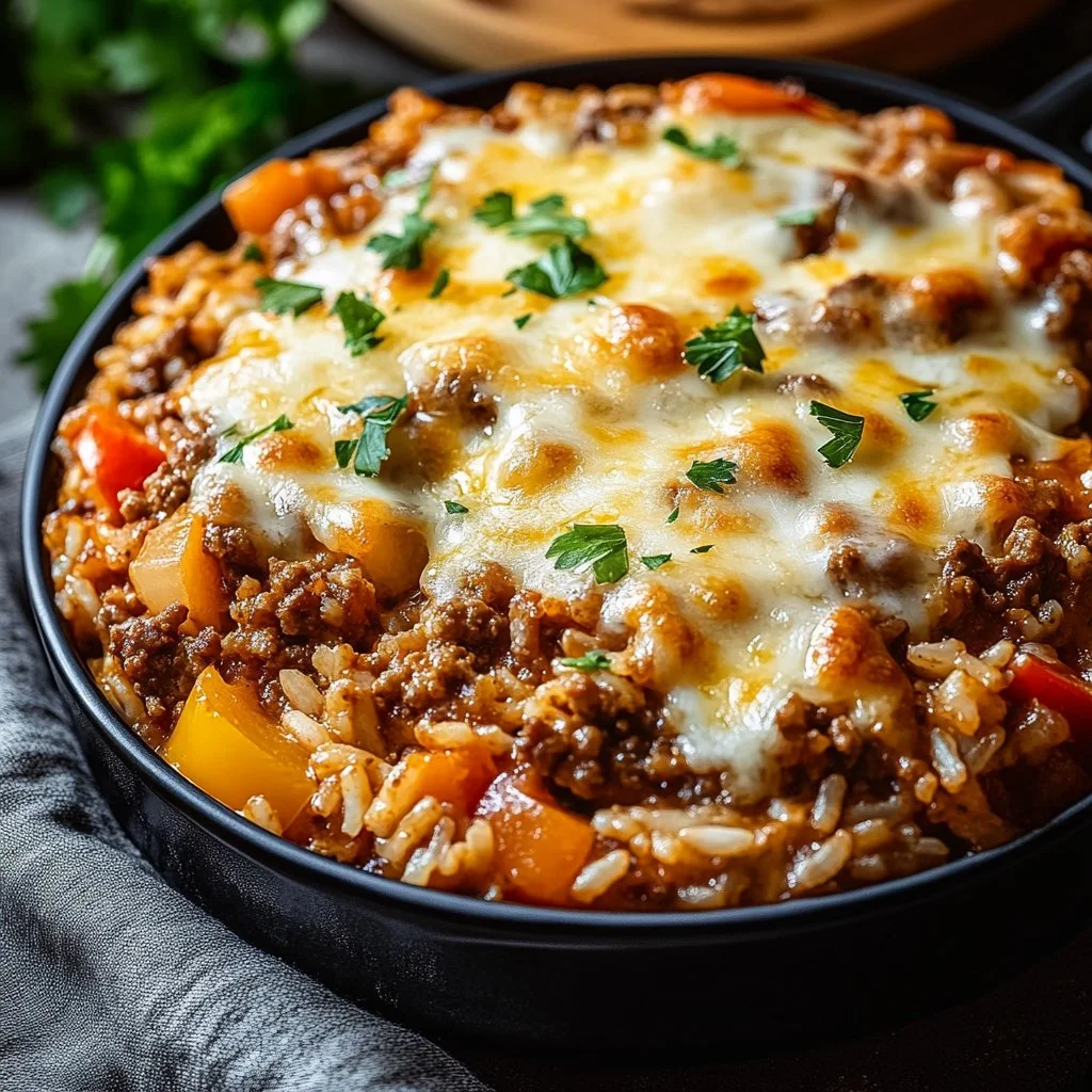 Easy French Onion Ground Beef and Rice Casserole served on a plate