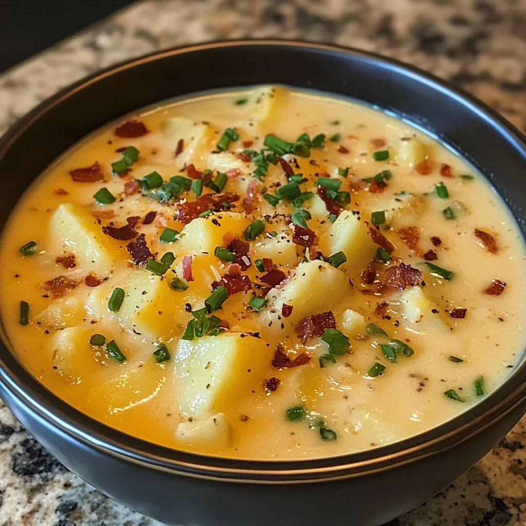 Bowl of delicious homemade loaded potato soup topped with cheese and chives