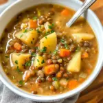 Bowl of easy lentil potato soup with fresh herbs and vegetables