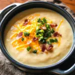 Bowl of easy loaded potato soup topped with cheese and green onions.