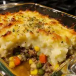 Delicious Shepherd's Pie casserole topped with golden mashed potatoes