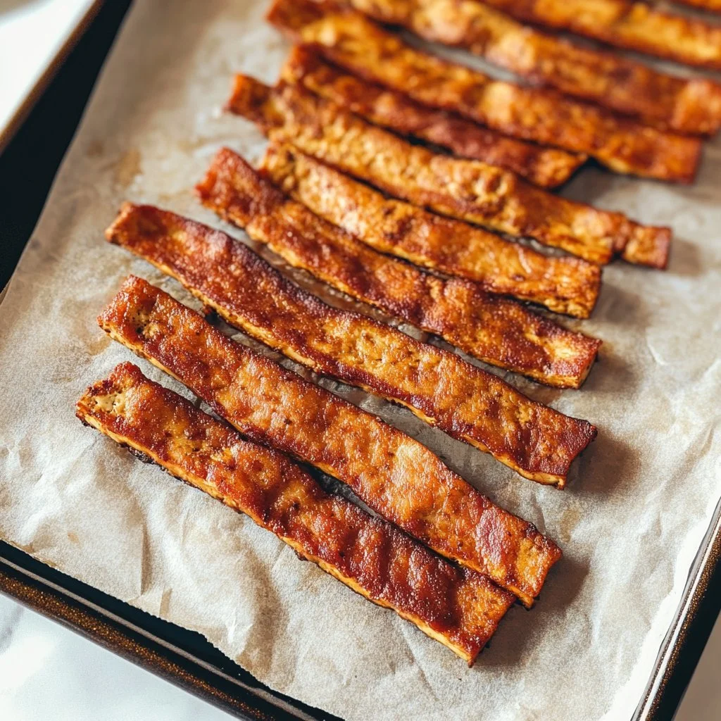 Crispy and delicious easy tofu bacon, a healthy vegetarian alternative