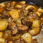 Bowl of French onion beef stew topped with cheese and herbs