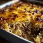 Delicious French Onion Ground Beef and Rice Casserole dish served in a baking dish