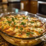 Deliciously baked French Onion Potatoes topped with melted cheese and caramelized onions.