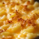 Cheesy funeral potatoes dish served in a casserole dish, perfect for gatherings.