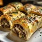 Garlic butter beef cheeseburger rollups on a plate, garnished and ready to serve