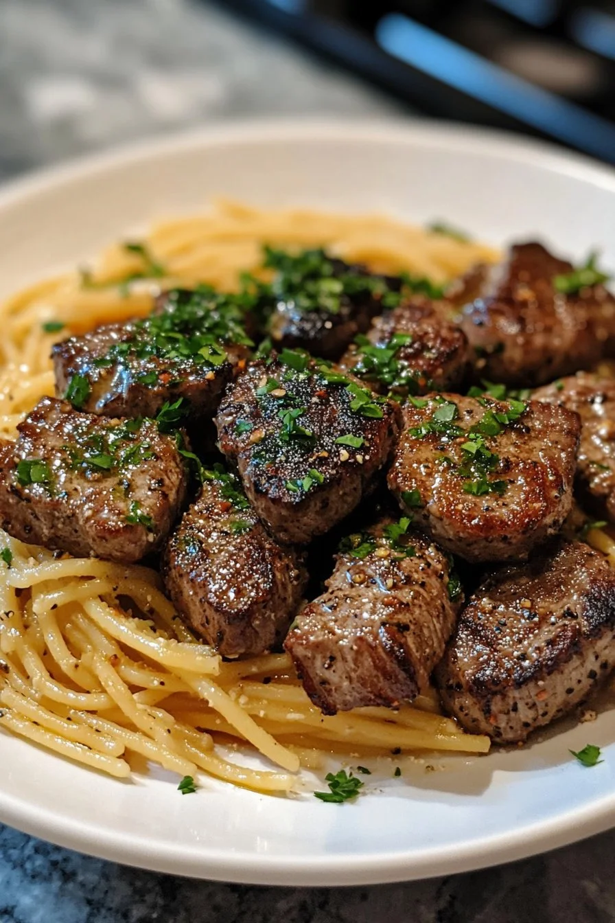 Garlic Butter Steak Bites & Creamy Alfredo Pasta