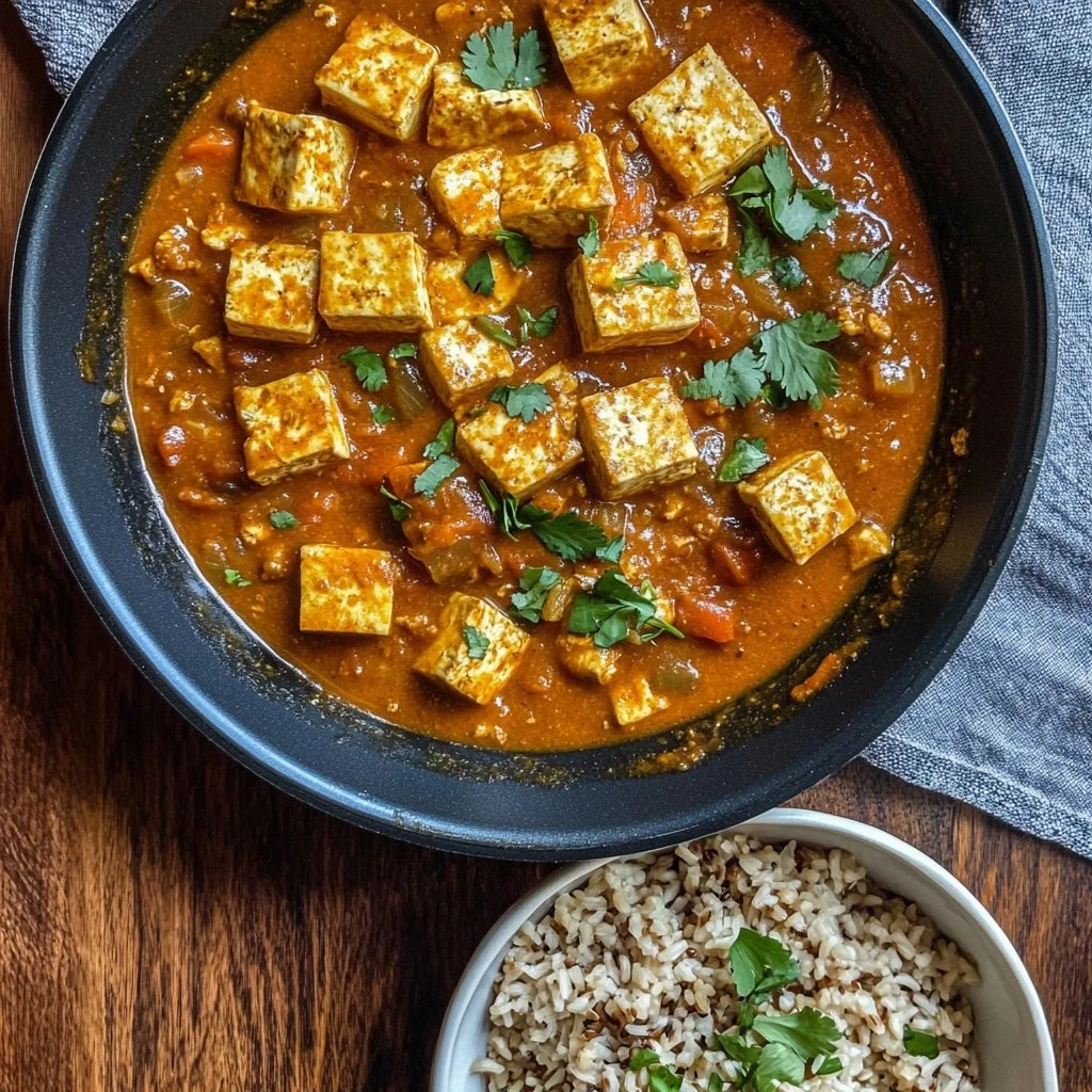 Bowl of flavorful Garlic Ginger Tofu Stew with vegetables and herbs.
