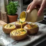 Gourmet omelettes served in a baked potato with fresh ingredients and colorful toppings.