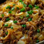 Ground beef and cabbage stir-fry served in a skillet with vegetables