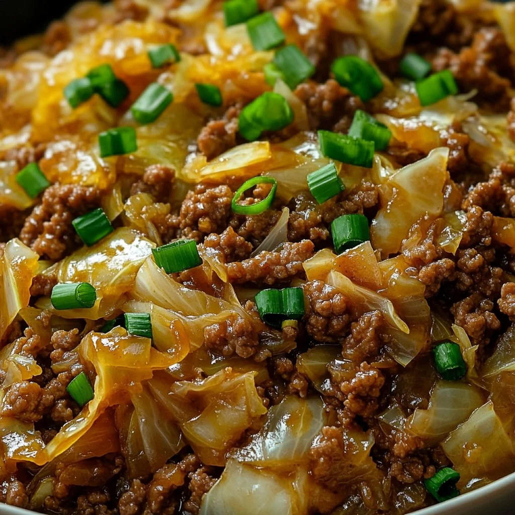 Ground beef and cabbage stir-fry served in a skillet with vegetables