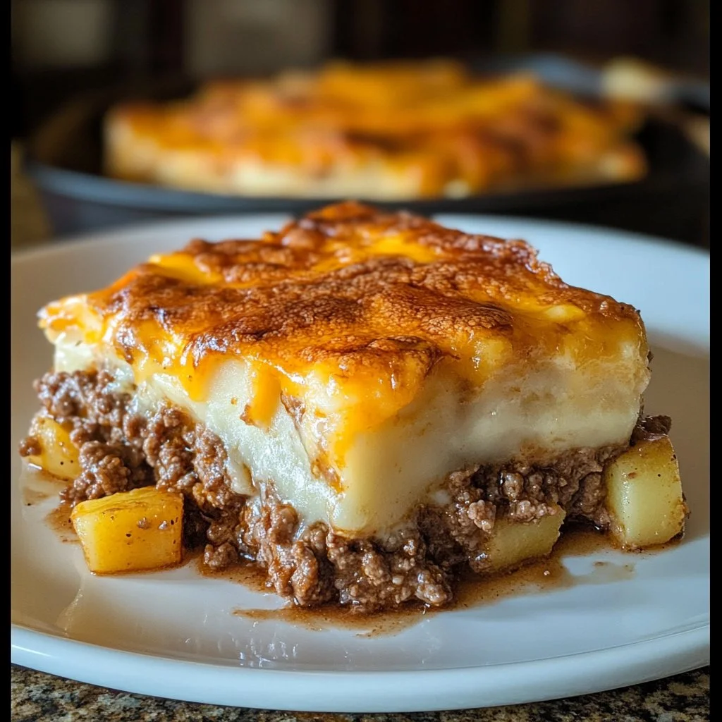 Ground beef and potatoes casserole topped with melted cheese