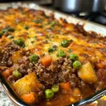 Delicious ground beef casserole served in a baking dish with melted cheese on top