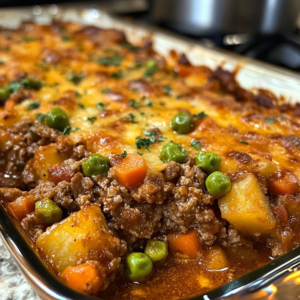Delicious ground beef casserole served in a baking dish with melted cheese on top
